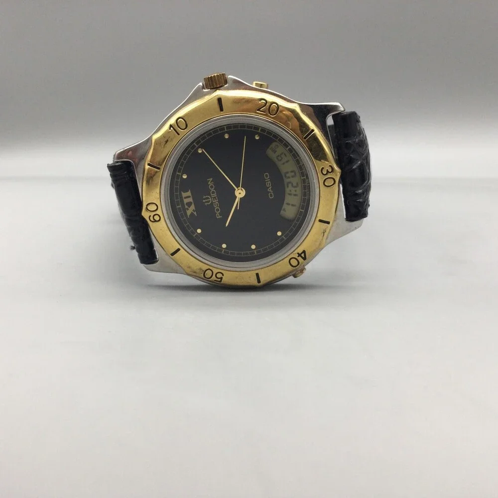 Vintage Casio Poseidon Mens Watch 37mm Black Dial 388 PMW-500 New Battery